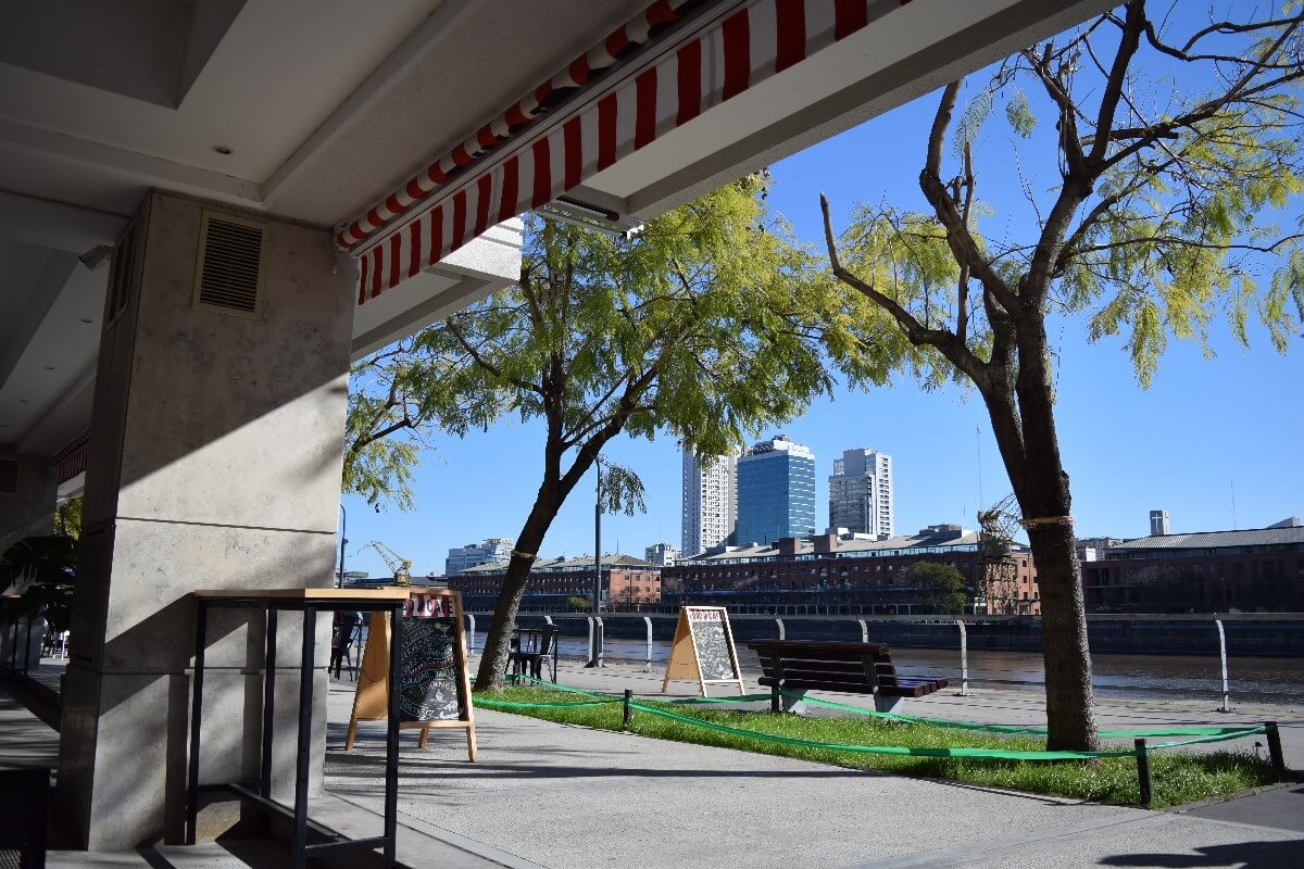 Calles de Puerto Madero frente al río vista desde Lobo